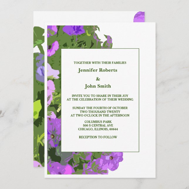 Invitation Violet Floral Sage Vert Blanc Élégant Mariage (Devant / Derrière)