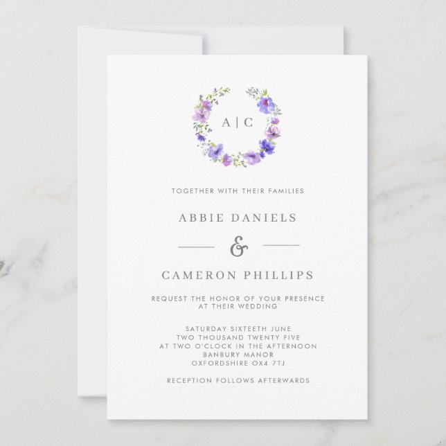 Invitation Violet Floral Wreath Monogram Wedding Invite (Devant)