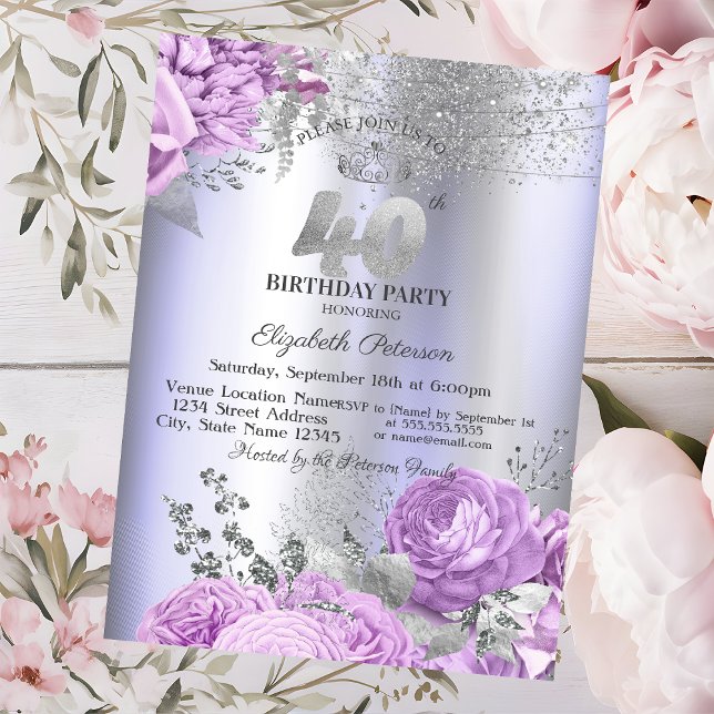 Invitation Violet Flowers Glitter Lilac 40th Birthday   (Créateur téléchargé)