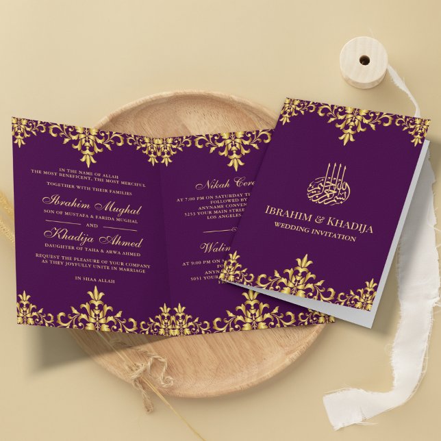 Invitation Violet foncé et huile d'or Damas Mariage islamique (Créateur téléchargé)
