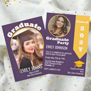 Invitation Violet foncé et jaune avec graduation photo