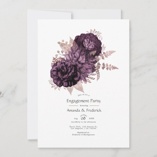 Invitation Violet foncé et Rose Gold Floral Engagement (Devant)
