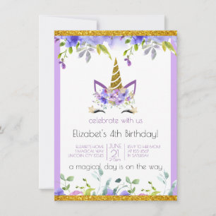 Invitation Violet frais   Soirée d'anniversaire de la licorne