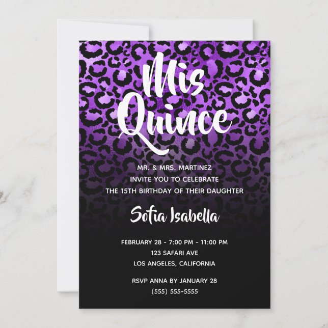 Invitation Violet Glam Leopard Spots Black Ombre Mis Quince (Devant)