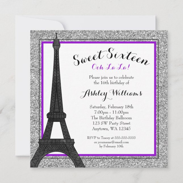 Invitation Violet Glam Paris Thématique Faux Parties scintill (Devant)