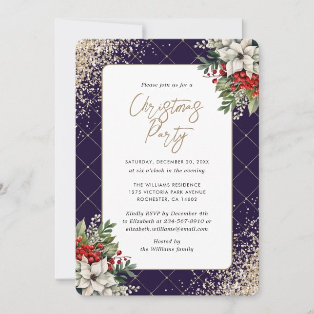 Invitation Violet Gold Botanical Elegant Christmas Party (Devant)