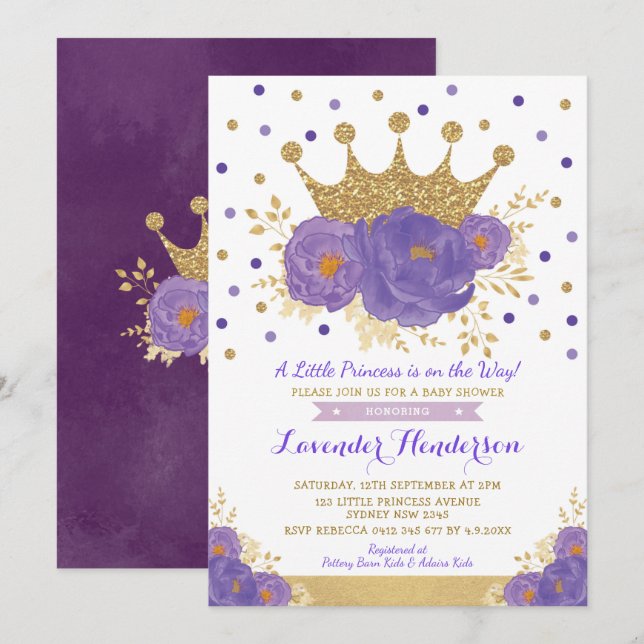 Invitation Violet Gold Couronne princesse Floral Girl Baby sh (Devant / Derrière)
