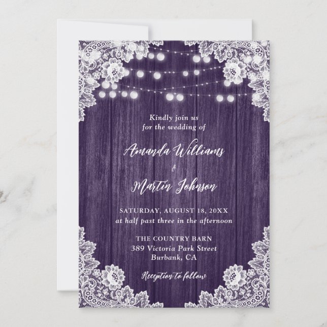 Invitation Violet Grange Bois Floral Dentelle Éclairage Maria (Devant)