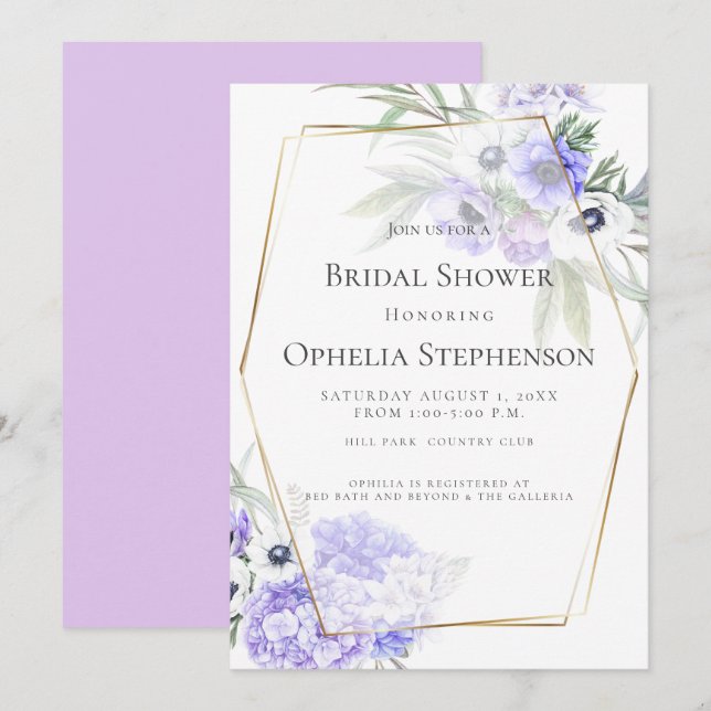 Invitation Violet Hydrangea et Anemone Bouquet floral (Devant / Derrière)