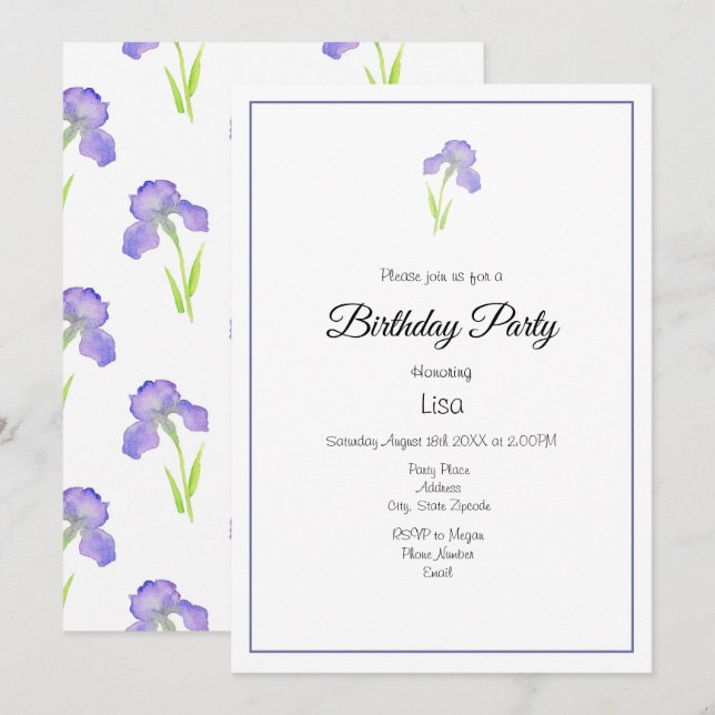 Invitation Violet Iris et Iris Motif (Devant / Derrière)