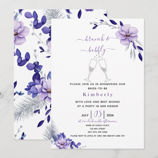 Invitation Violet Lavande & Argent Floral Bridal Brunch (Devant / Derrière)