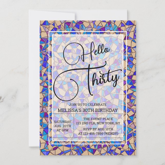 Invitation Violet Mosaïque Bleue Bonjour Trente Anniversaire (Devant)