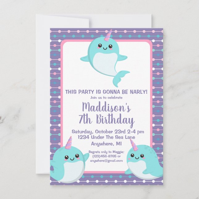 Invitation Violet mou sous la mer Narwhal Anniversaire (Devant)