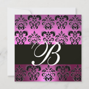Invitation VIOLET NOIR DAMASSÉ MONOGRAMME ,blanc,