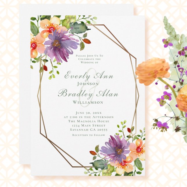 Invitation Violet orange vert Floral QR Code Mariage photo (Créateur téléchargé)