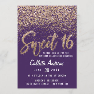 Invitation Violet Parties scintillant dorée Ombre Sweet 16