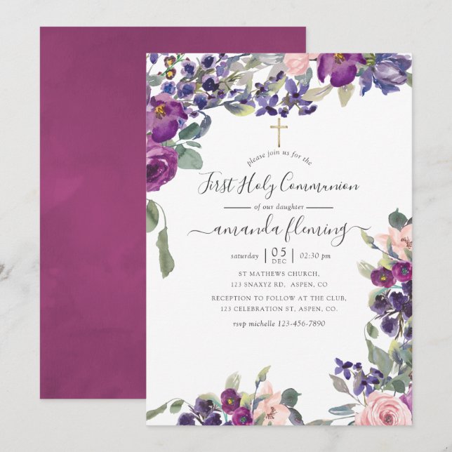 Invitation Violet, Plum et Blush Floral Première sainte commu (Devant / Derrière)