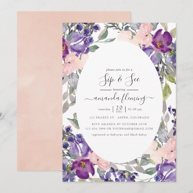 Invitation Violet, Plum et Blush Floral Sip et Voir (Devant / Derrière)