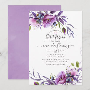 Invitation Violet pourpre Bat mitzvah floral