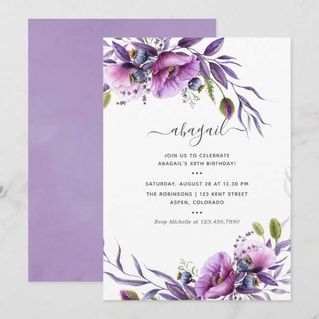 Invitation Violet pourpre Poppy Floral Anniversaire (Devant / Derrière)