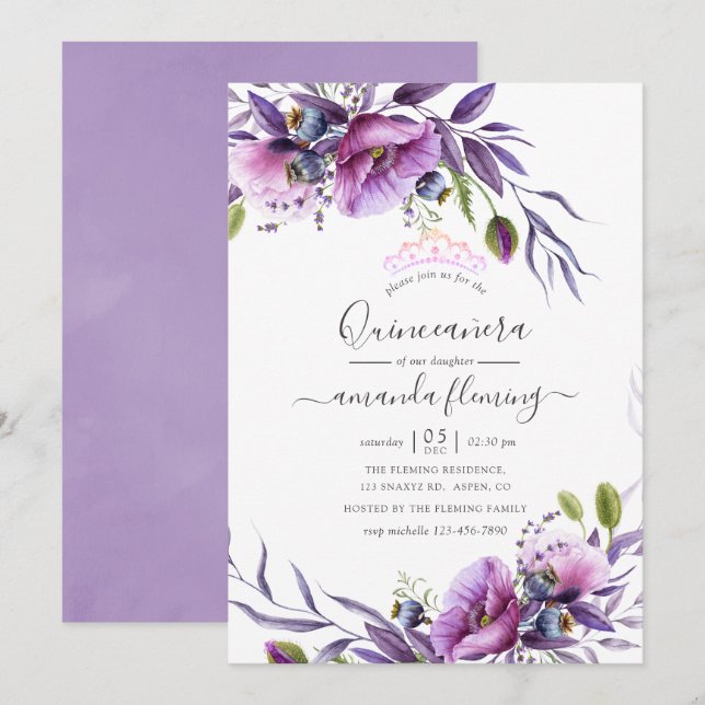Invitation Violet pourpre Poppy Floral Quinceañera (Devant / Derrière)