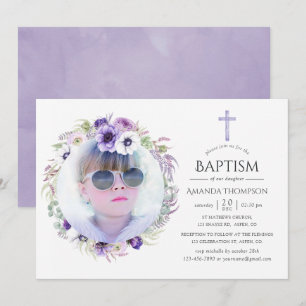 Invitation Violet Poussiéreux Fleur Baptême