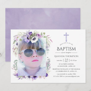 Invitation Violet Poussiéreux Fleur Baptême ou Christening