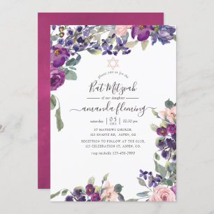 Invitation Violet, prune et Bat mitzvah floral floue