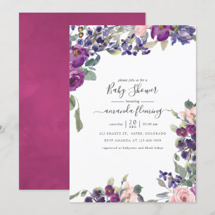 Invitation Violet, prune et floral rose Baby Shower
