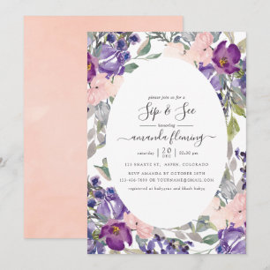 Invitation Violet, prune et floral rose pâle Sip and See