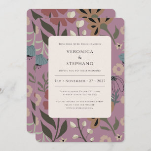 Invitation Violet rétro, vert, brun, floral, mariage