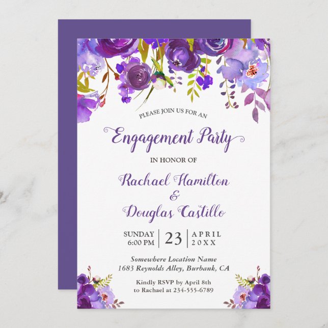 Invitation Violet Romance Violet Floral Engagement (Devant / Derrière)