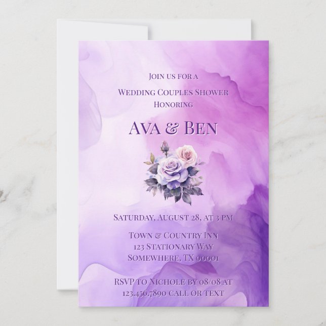 Invitation Violet Rose Alcool Jardin Mariage Couples Douche (Devant)