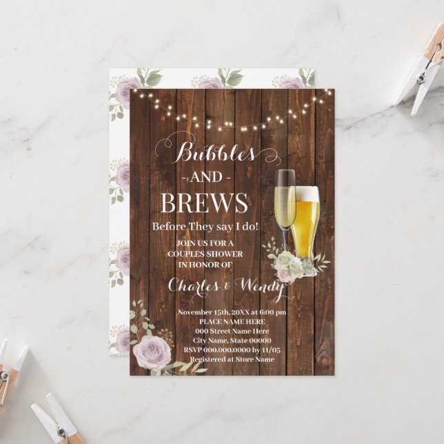 Invitation Violet Rose Bubble & Brews Couples Douche (Devant/Arrière en situation)