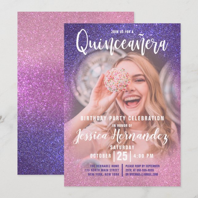 Invitation Violet rose triple Parties scintillant Ombre Photo (Devant / Derrière)