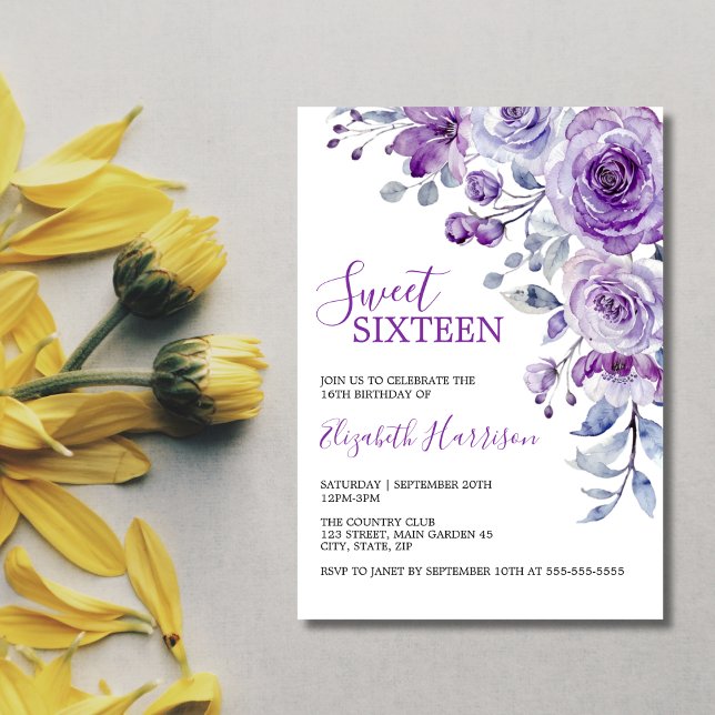 Invitation Violet Rose verdure Floral Anniversaire (Créateur téléchargé)