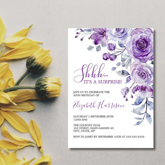 Invitation Violet Rose verdure Floral Surprise Anniversaire (Créateur téléchargé)