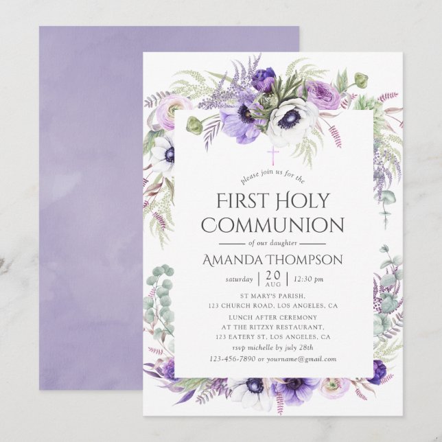 Invitation Violet roussâtre Pavot Floral Première Sainte Comm (Devant / Derrière)