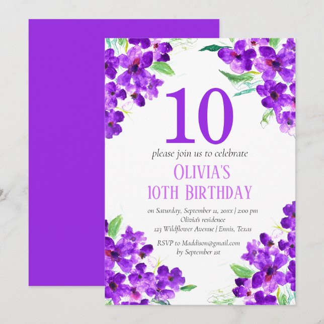 Invitation Violet rustique 10e anniversaire violet floral vio (Devant / Derrière)