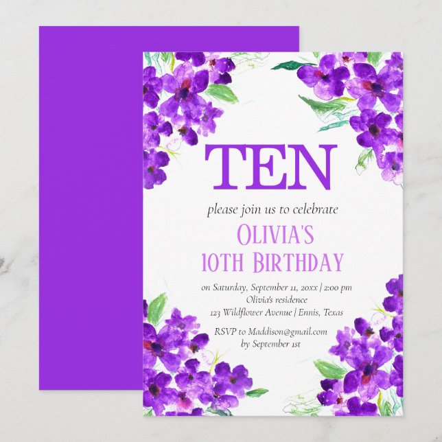 Invitation Violet rustique 10e anniversaire violet floral vio (Devant / Derrière)