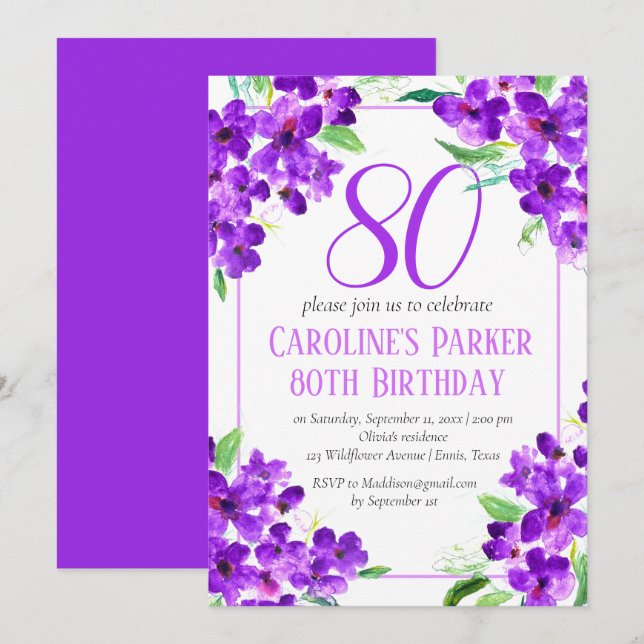 Invitation Violet rustique 80e anniversaire violet floral vio (Devant / Derrière)
