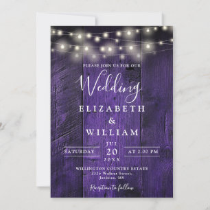 Invitation Violet Rustique Bois Mariage Lumières de chaîne QR
