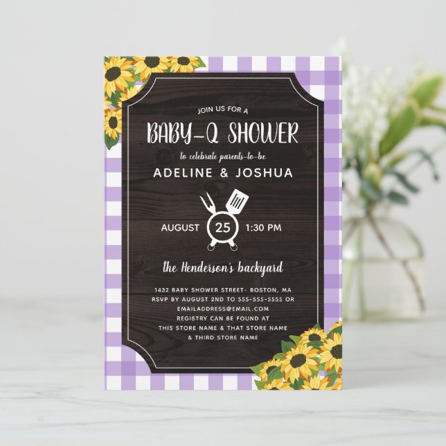 Invitation Violet rustique En vichy tournesol Baby-Q douche (Debout devant)