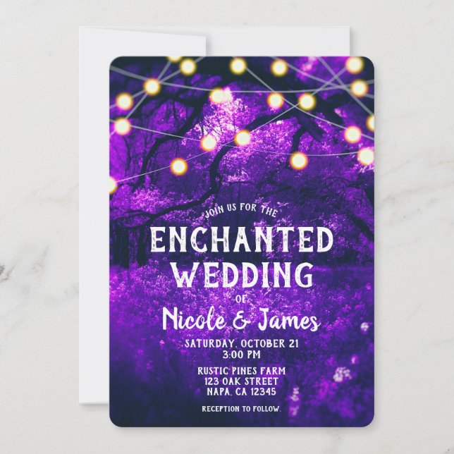 Invitation Violet Rustique Enchanted Mariage Lumières Forêt (Devant)