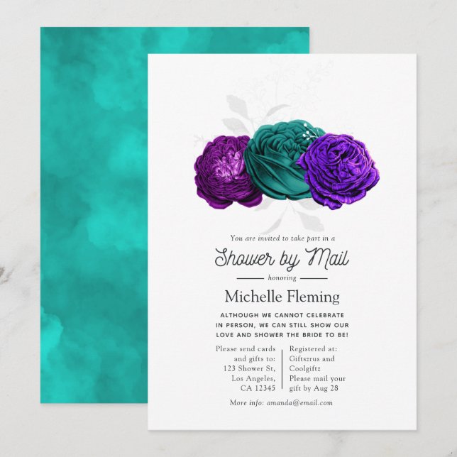 Invitation Violet rustique et turquoise douche florale par co (Devant / Derrière)