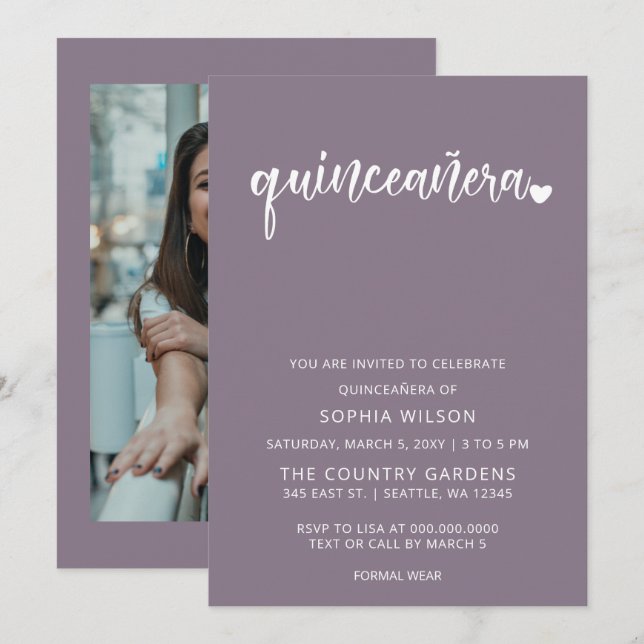 Invitation Violet Simple Script Quinceanera Photo (Devant / Derrière)