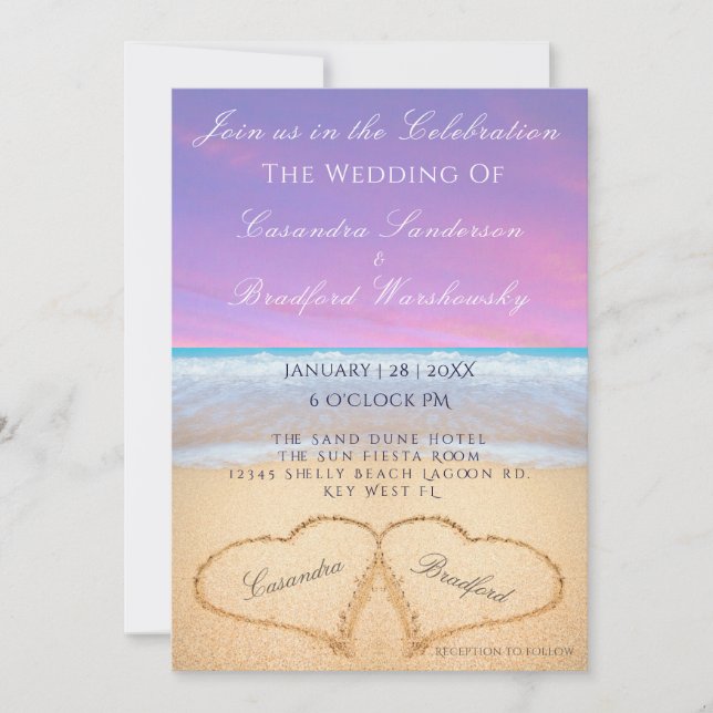 Invitation Violet Sous-Ensemble Plage Mariage 2 Coeurs Sable (Devant)