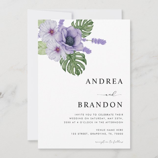 Invitation Violet Tropical Leaf Botanique tout en un Mariage (Devant)