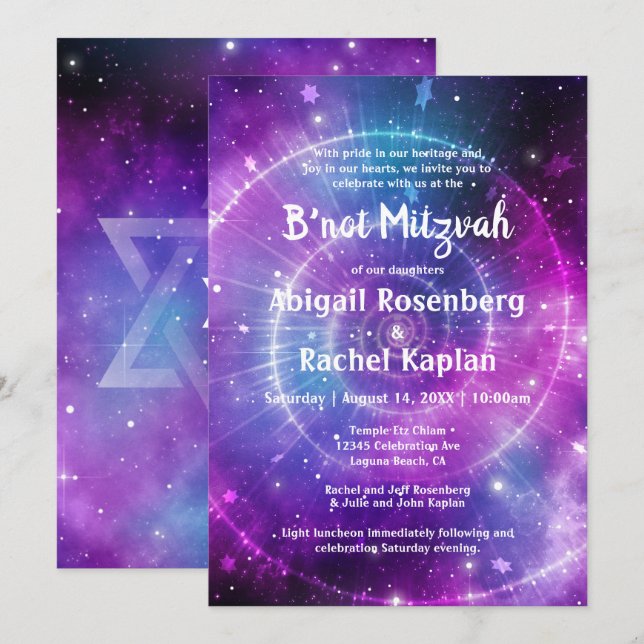 Invitation Violet Turquoise rose Galaxy Élégant B'not Mitzvah (Devant / Derrière)