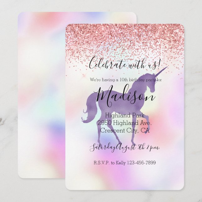 Invitation Violet Unicorne arc-en-ciel rose Parties scintilla (Devant / Derrière)